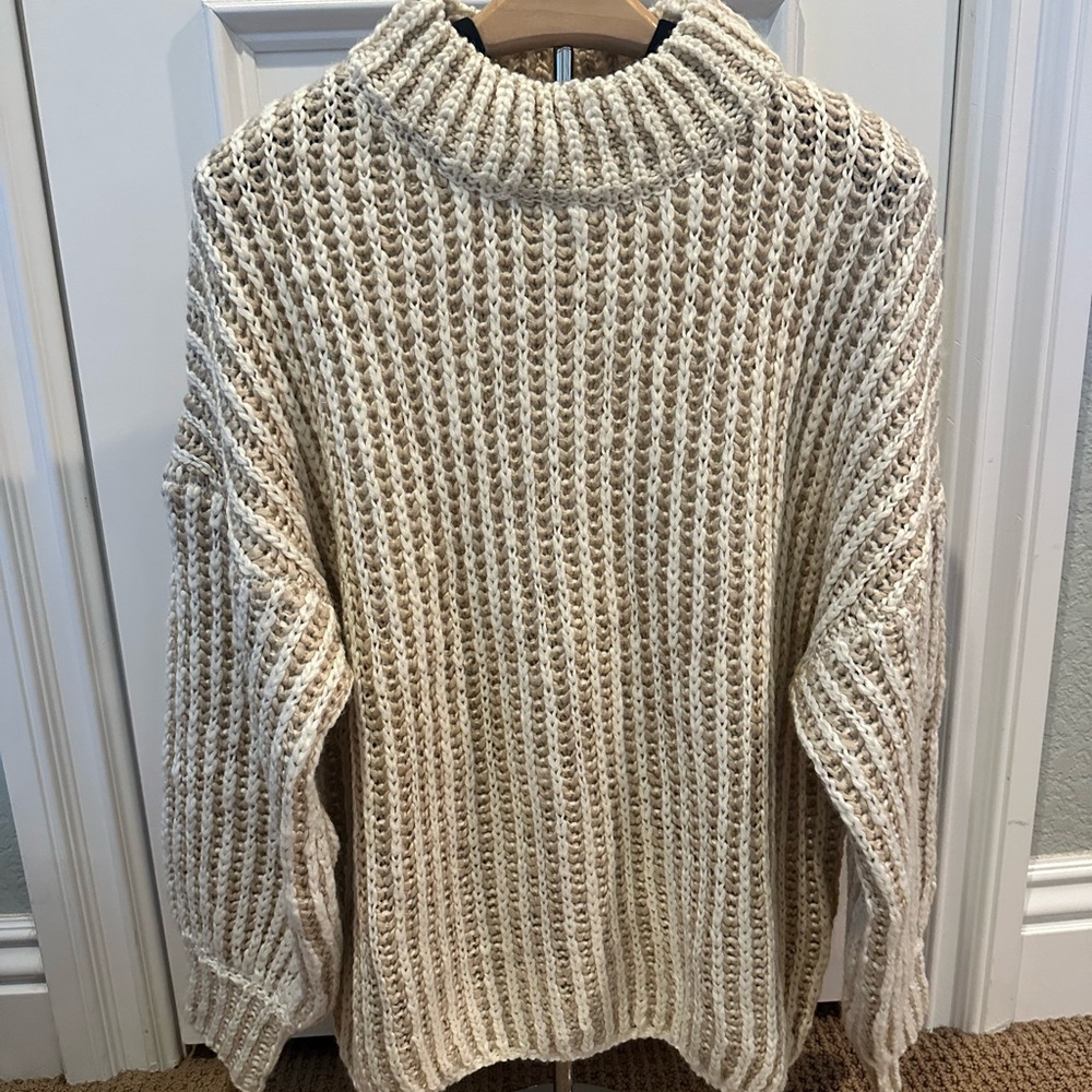 Cream and brown stripe mock turtleneck sweater